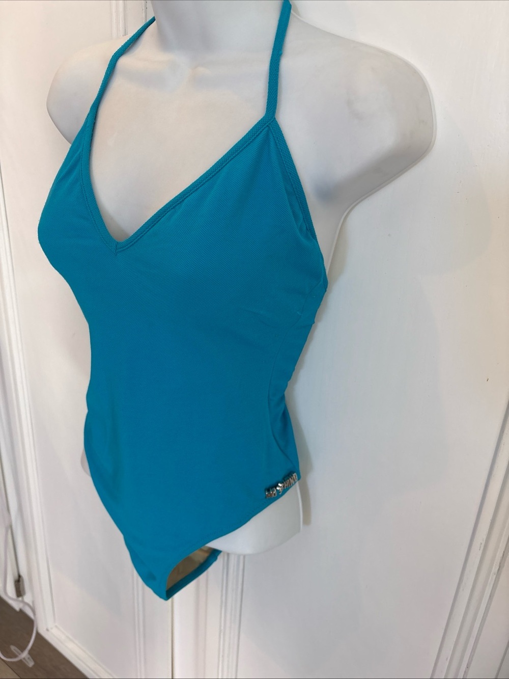 Moschino Mare Italy  Blue Turquoise Metal Logo One Piece Swimsuit Sz  42  Great